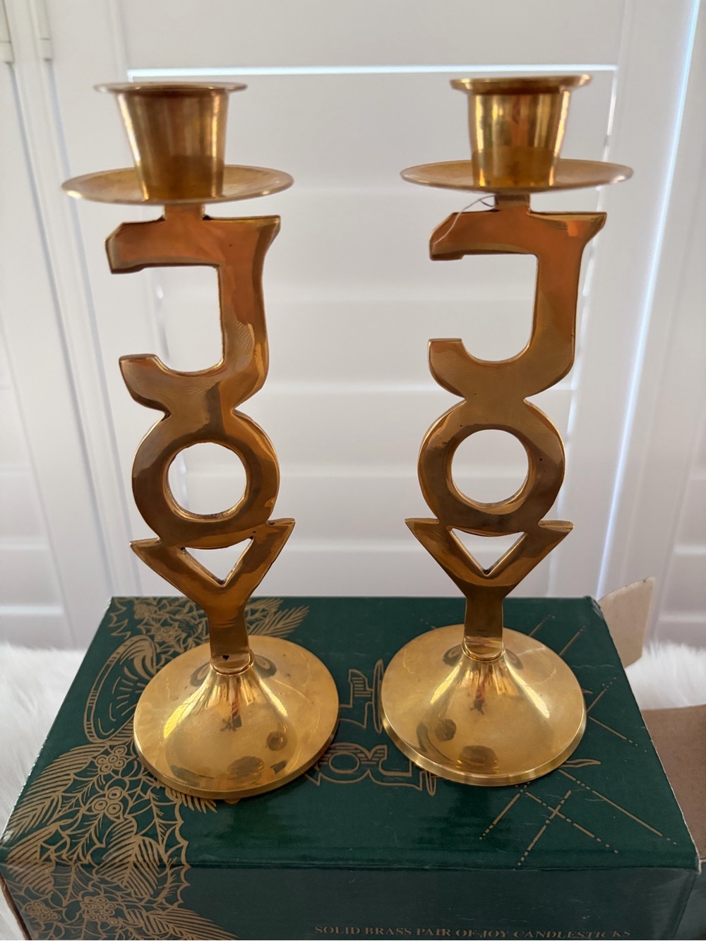 Vintage International Gold-tone JOY Lettering Brass Candlestick Pair